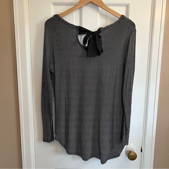 LC Lauren Conrad Womens Black Striped Long Sleeve Tie Bow Keyhole Back Blouse - Picture 2 of 8